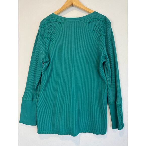 Soft Surroundings Thermal Shirt Top Embroidered Size Large Turquoise Long Sleeve - Picture 2 of 4